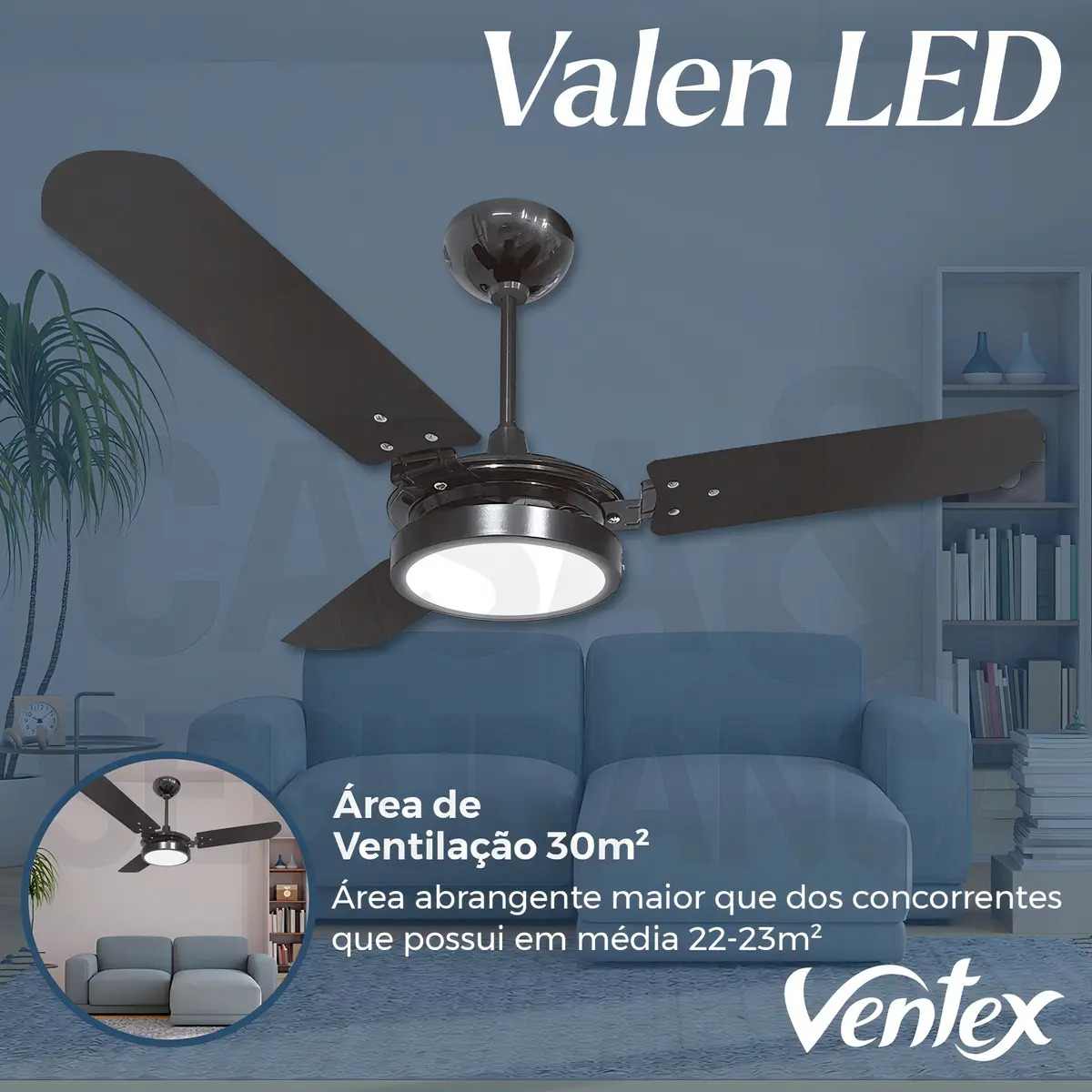 Ventilador de Teto Valen LED 3 Pás 127 V 150 W LED 6500 K Preto/Preto 1,1 m Ventex