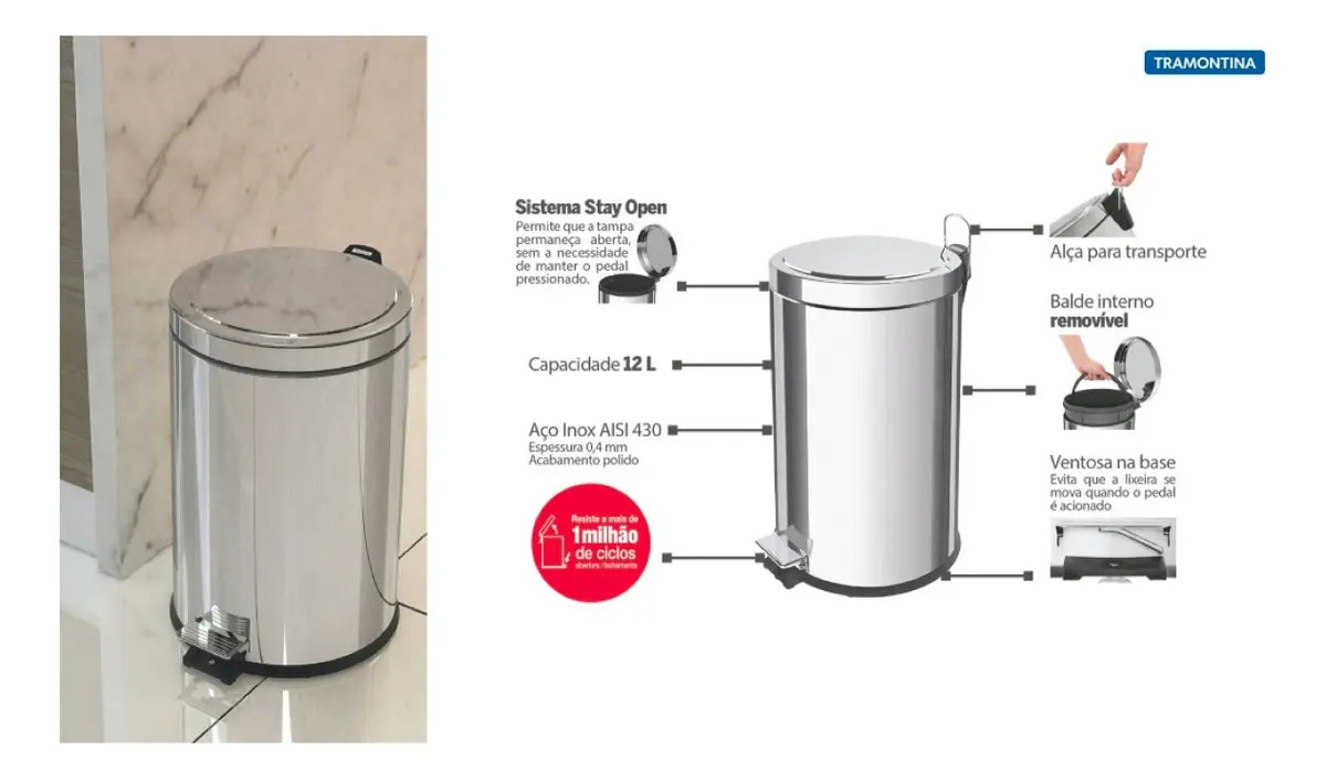 Lixeira Aço Inox Com Pedal Loop 12 Litros - Tramontina