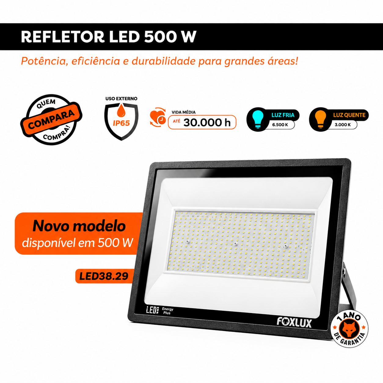 PROJETOR LED ALUMINIO 500W 6500K BIVOLT FOXLUX LED38.29