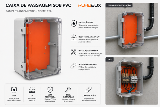 Caixa de Passagem de Sobrepor PVC IP68 190 x 150 x 110 mm Tampa Transparente Completa Rohdbox Rohdina