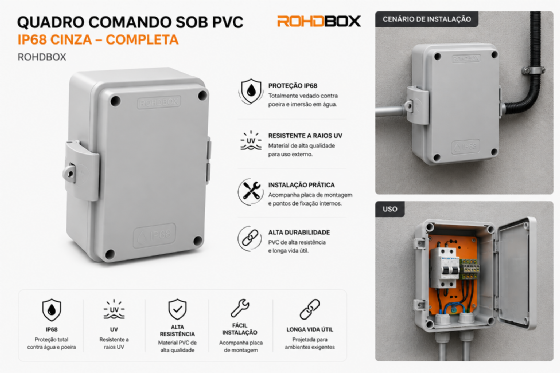 Caixa de Passagem de Sobrepor PVC IP68 160 x 120 x 80 mm Cinza Rohdbox Rohdina