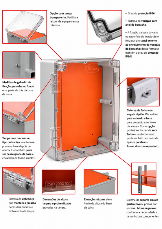 Quadro de Comando de Sobrepor PVC IP68 300 x 200 x 150 mm Tampa Transparente Completa Rohdbox Rohdina