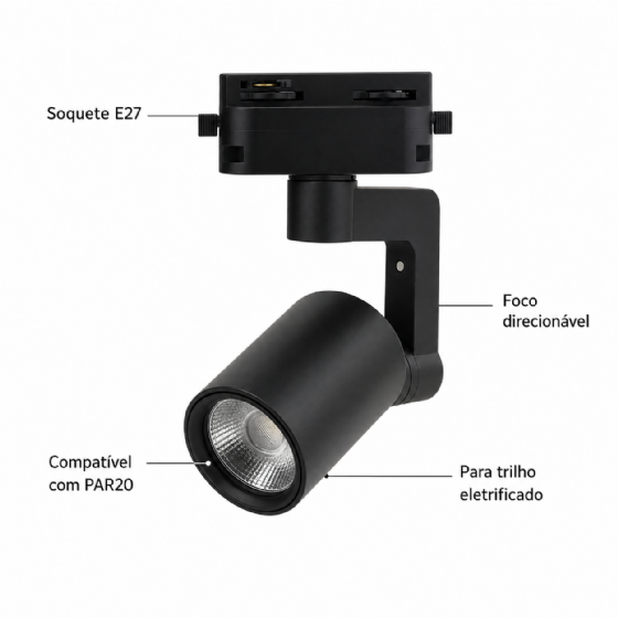 Spot para Trilho Eletrificado PAR20 E27 Preto 61276 Embuled