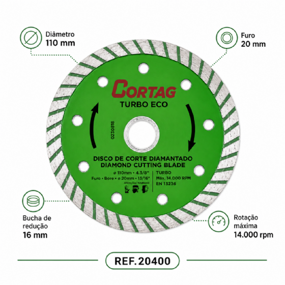 Disco Diamantado Turbo Eco 110 mm x 20 mm 60598 Cortag