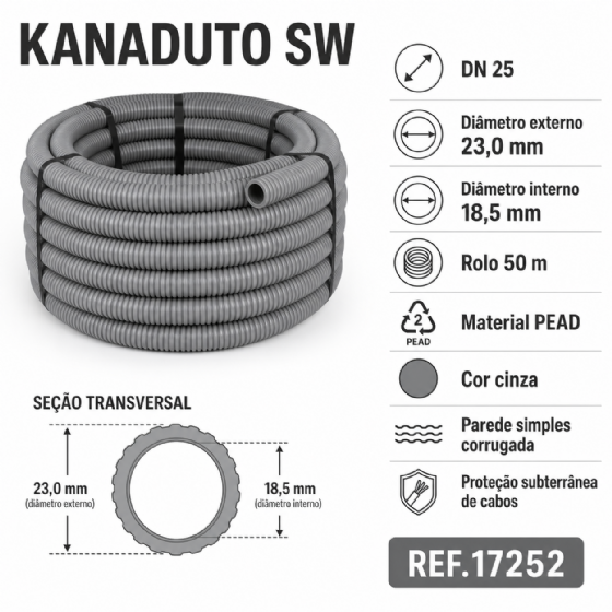 Duto Corrugado PEAD Kanaduto SW DN25 3/4 x 50 m Cinza Kanaflex