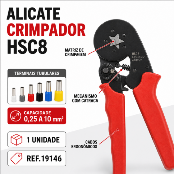 Alicate Crimpador HSC8 6-4A para Terminais Tubulares 0,25 a 10 mm² Noll