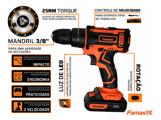PARAFUSADEIRA E FURADEIRA FAMASTIL 3/8 C/ACESSORIOS 12V C/IMPACTO F23.07