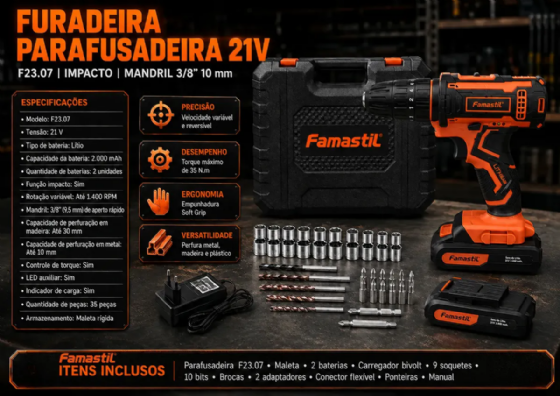 PARAFUSADEIRA E FURADEIRA FAMASTIL 3/8 C/ACESSORIOS 12V C/IMPACTO F23.07